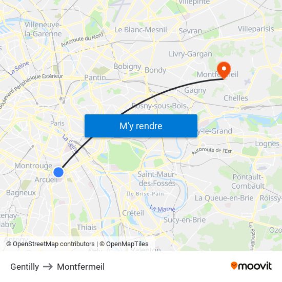 Gentilly to Montfermeil map