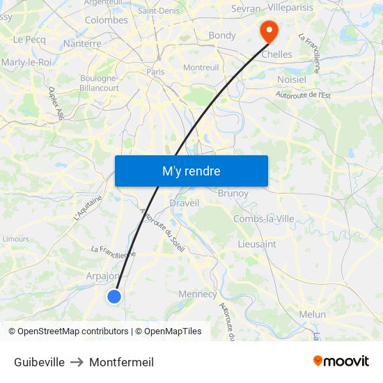 Guibeville to Montfermeil map