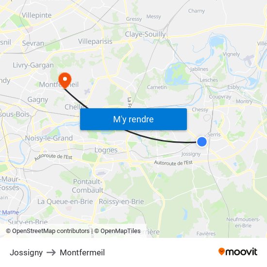 Jossigny to Montfermeil map