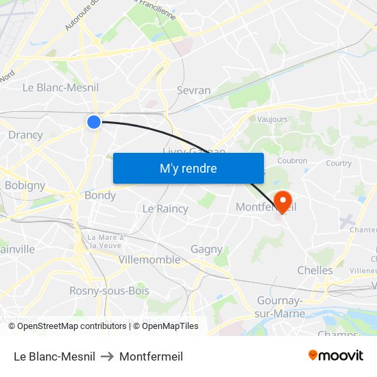 Le Blanc-Mesnil to Montfermeil map