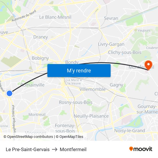Le Pre-Saint-Gervais to Montfermeil map