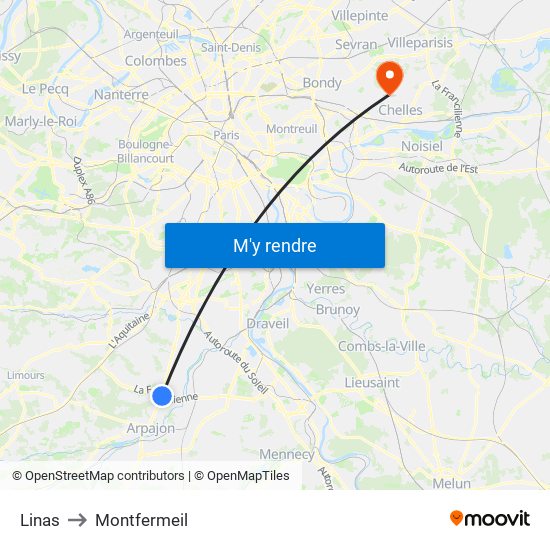 Linas to Montfermeil map