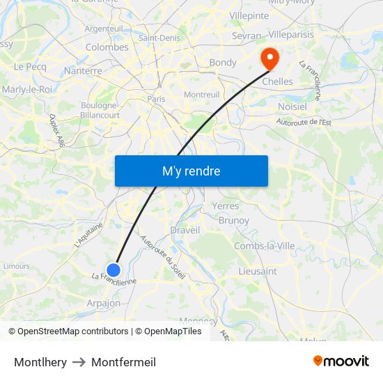 Montlhery to Montfermeil map