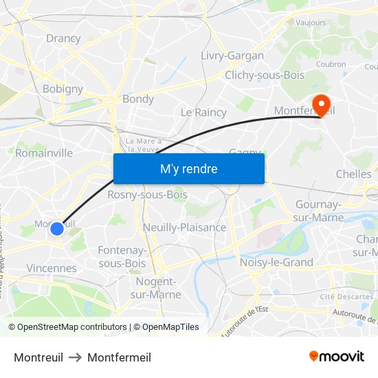 Montreuil to Montfermeil map