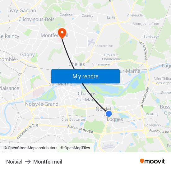 Noisiel to Montfermeil map