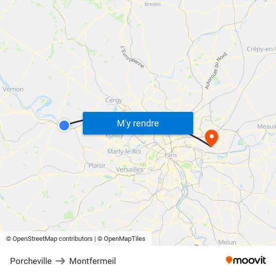 Porcheville to Montfermeil map