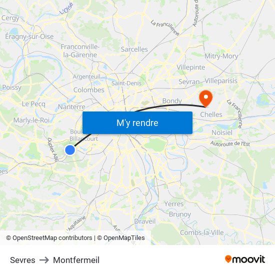 Sevres to Montfermeil map