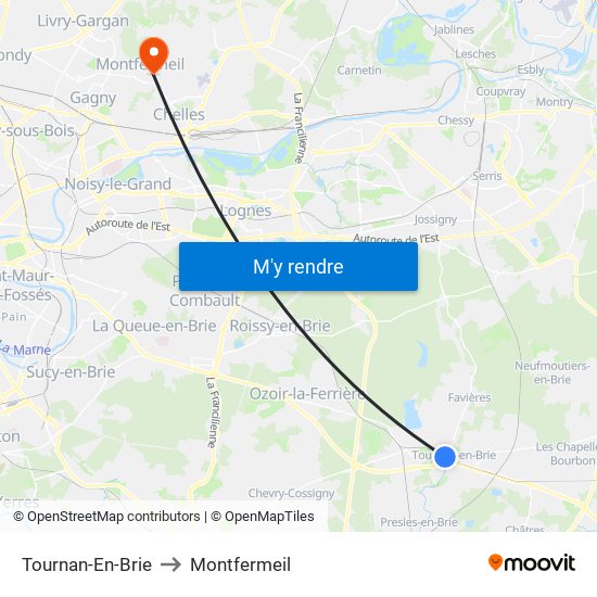 Tournan-En-Brie to Montfermeil map