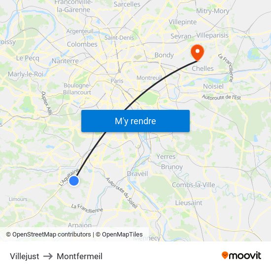 Villejust to Montfermeil map