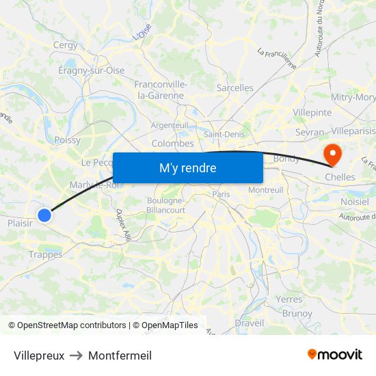 Villepreux to Montfermeil map
