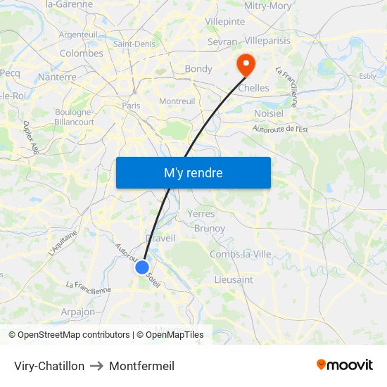 Viry-Chatillon to Montfermeil map