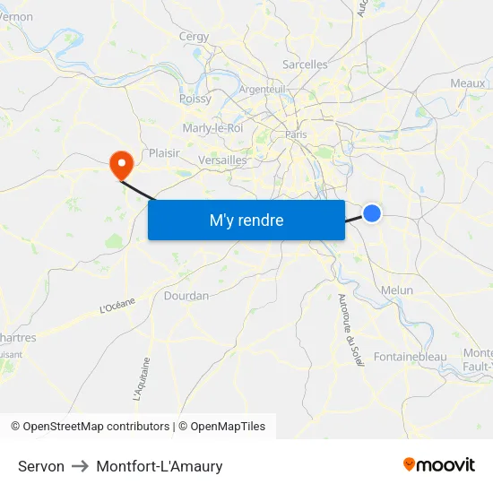 Servon to Montfort-L'Amaury map
