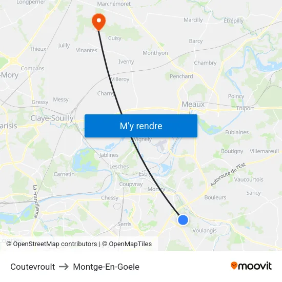 Coutevroult to Montge-En-Goele map