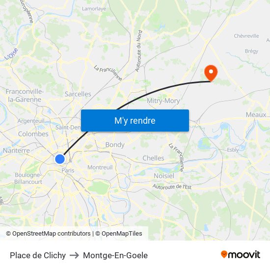 Place de Clichy to Montge-En-Goele map