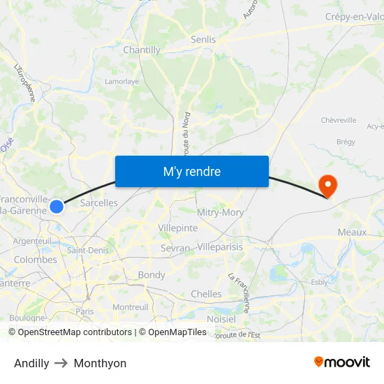 Andilly to Monthyon map