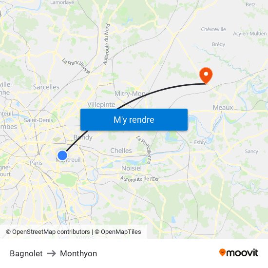 Bagnolet to Monthyon map