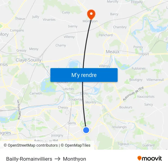 Bailly-Romainvilliers to Monthyon map