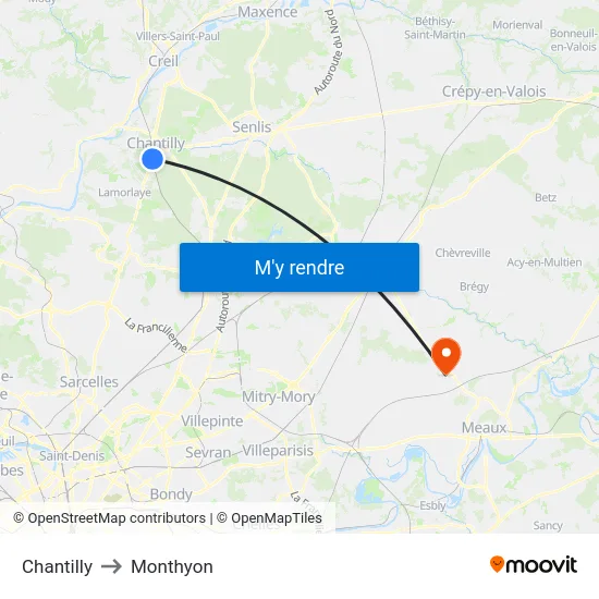 Chantilly to Monthyon map