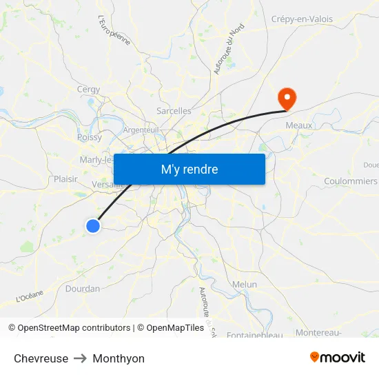 Chevreuse to Monthyon map