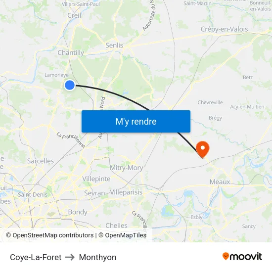 Coye-La-Foret to Monthyon map