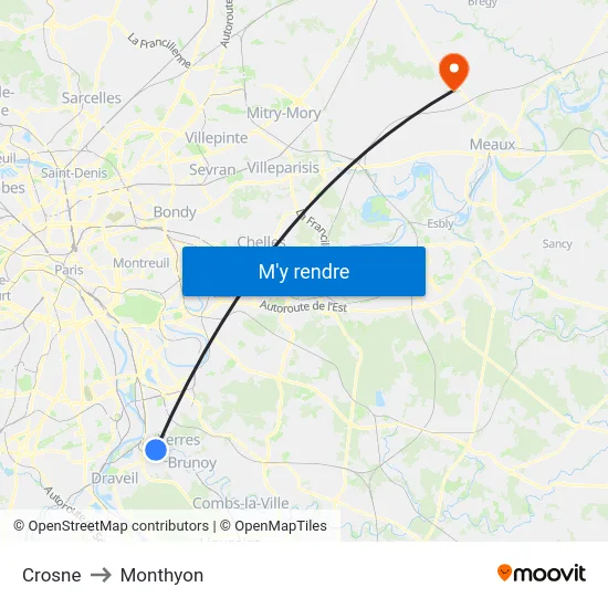 Crosne to Monthyon map