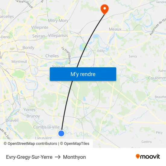 Evry-Gregy-Sur-Yerre to Monthyon map