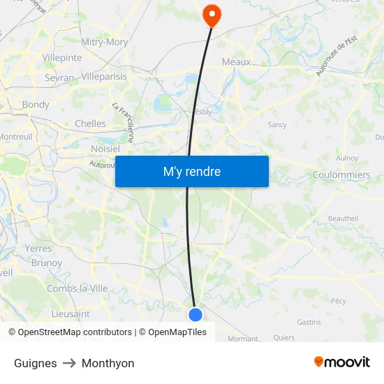 Guignes to Monthyon map
