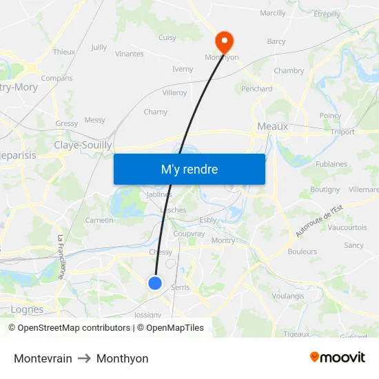 Montevrain to Monthyon map