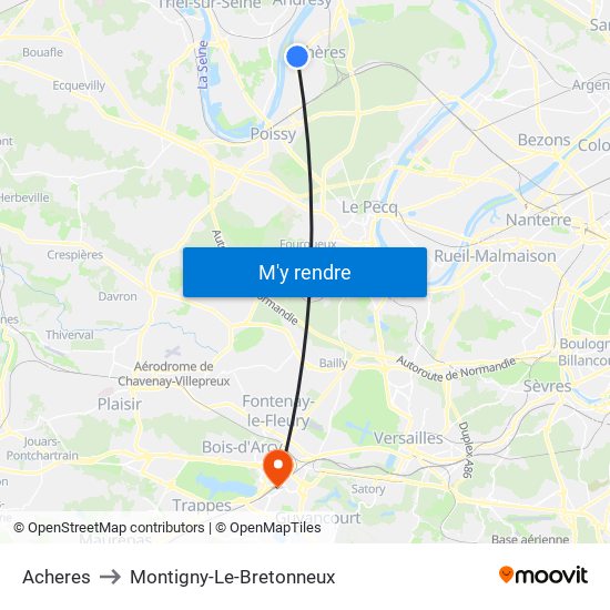 Acheres to Montigny-Le-Bretonneux map
