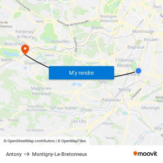 Antony to Montigny-Le-Bretonneux map