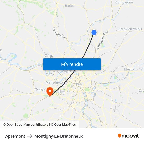 Apremont to Montigny-Le-Bretonneux map