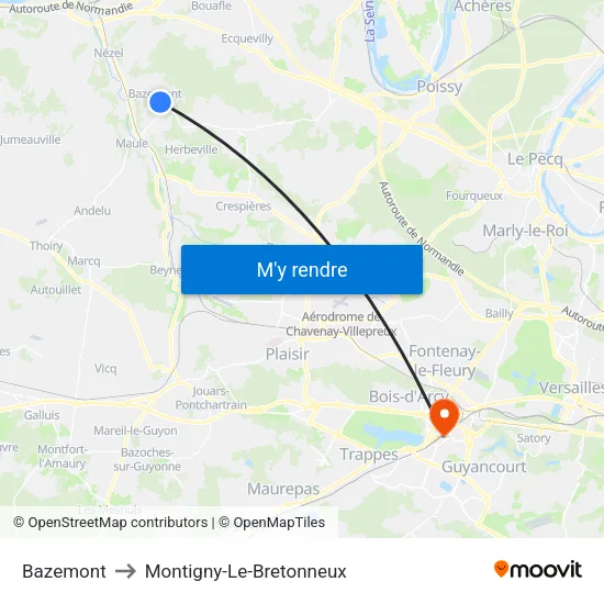 Bazemont to Montigny-Le-Bretonneux map