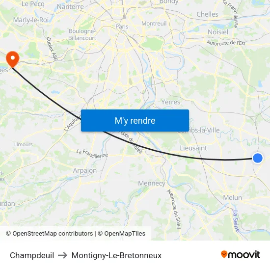 Champdeuil to Montigny-Le-Bretonneux map