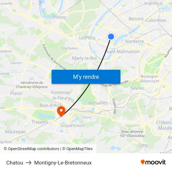 Chatou to Montigny-Le-Bretonneux map