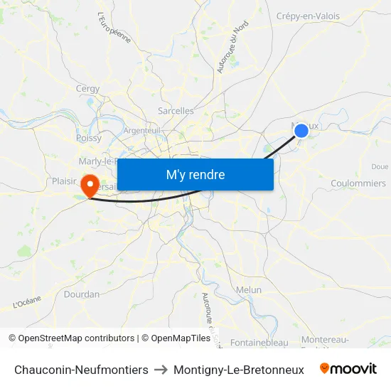 Chauconin-Neufmontiers to Montigny-Le-Bretonneux map