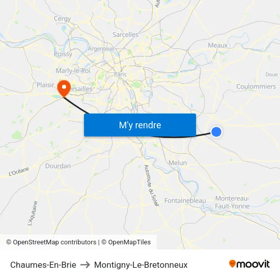 Chaumes-En-Brie to Montigny-Le-Bretonneux map