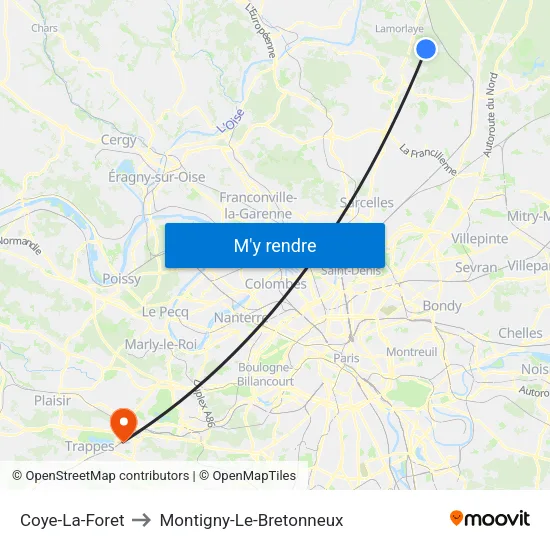 Coye-La-Foret to Montigny-Le-Bretonneux map