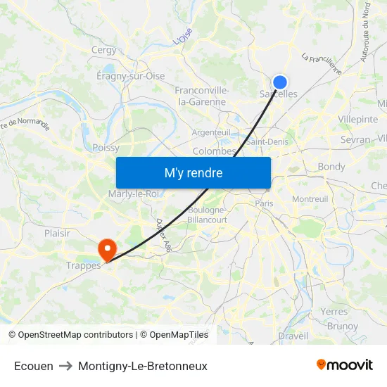 Ecouen to Montigny-Le-Bretonneux map