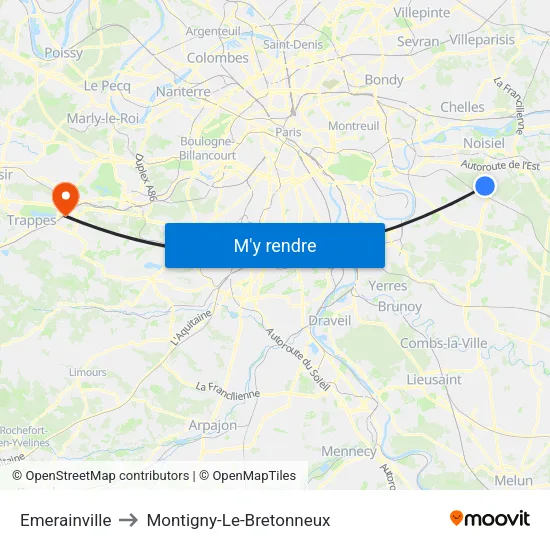 Emerainville to Montigny-Le-Bretonneux map