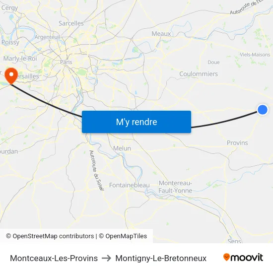 Montceaux-Les-Provins to Montigny-Le-Bretonneux map