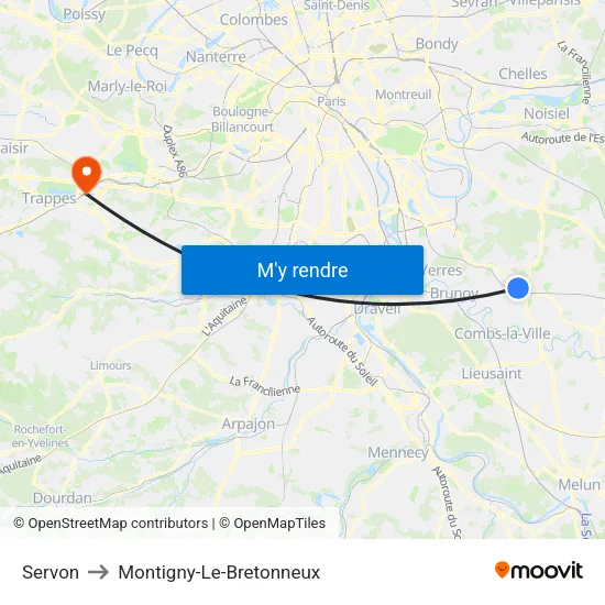 Servon to Montigny-Le-Bretonneux map