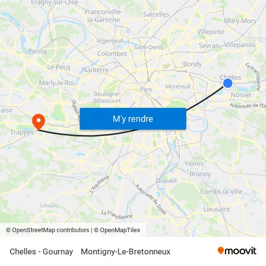 Chelles - Gournay to Montigny-Le-Bretonneux map