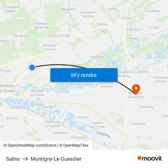 Salins to Montigny-Le-Guesdier map