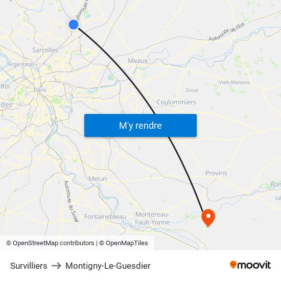 Survilliers to Montigny-Le-Guesdier map