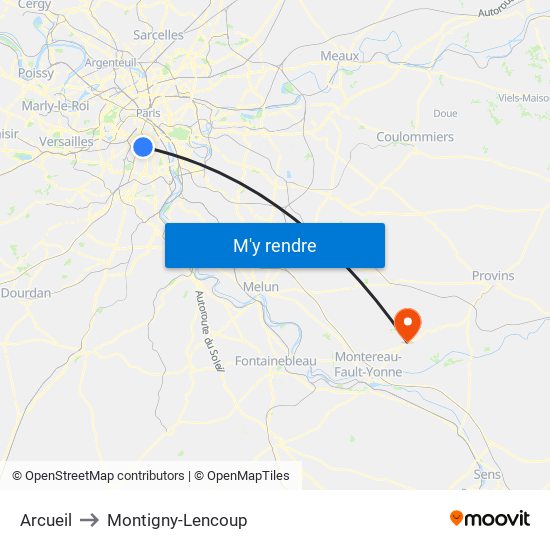 Arcueil to Montigny-Lencoup map