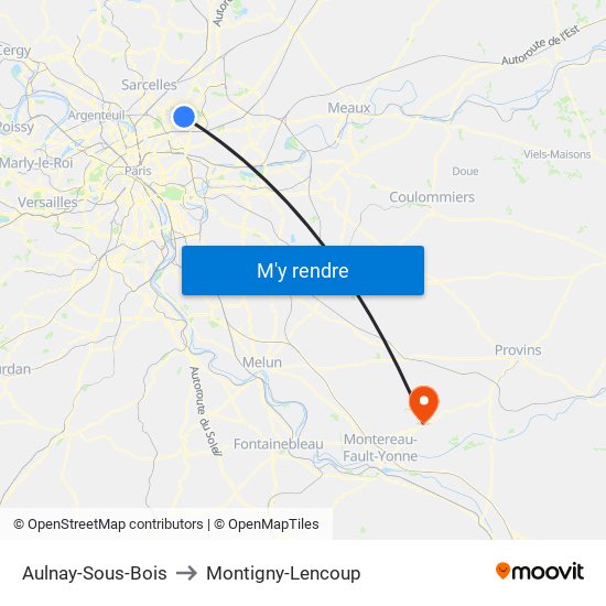 Aulnay-Sous-Bois to Montigny-Lencoup map