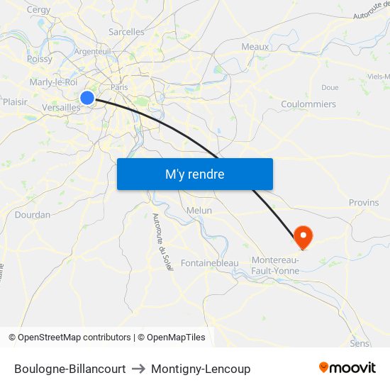 Boulogne-Billancourt to Montigny-Lencoup map