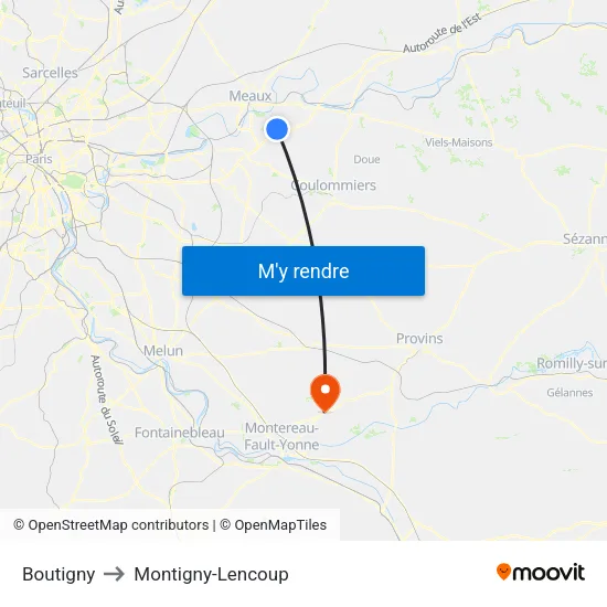 Boutigny to Montigny-Lencoup map