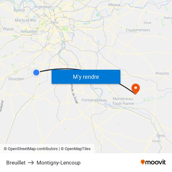 Breuillet to Montigny-Lencoup map