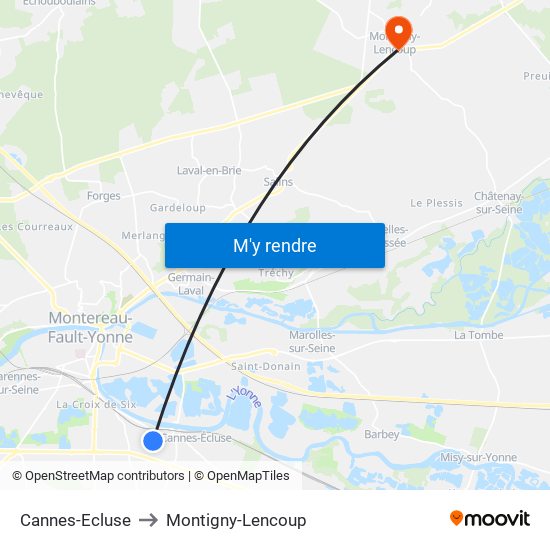 Cannes-Ecluse to Montigny-Lencoup map